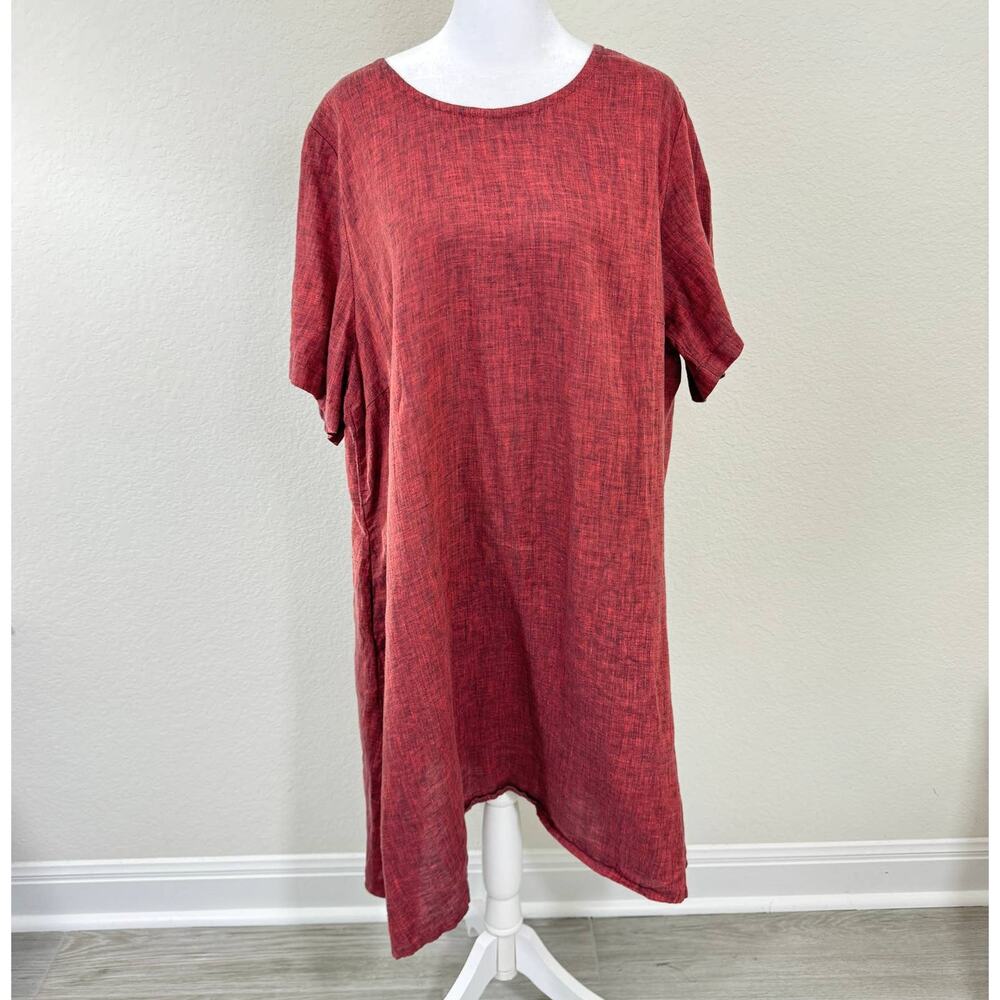 Linenbee Reddish Coral Midi Dress Size M 100% Linen with Pockets EUC